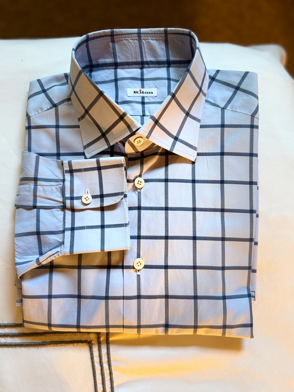 Kiton Light Blue Dress Shirt with Navy Windowpane
